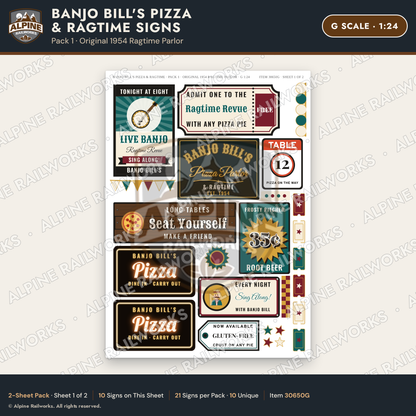 Alpine Railworks 30650G G Scale Restaurant Signs - Pizza & Music Hall