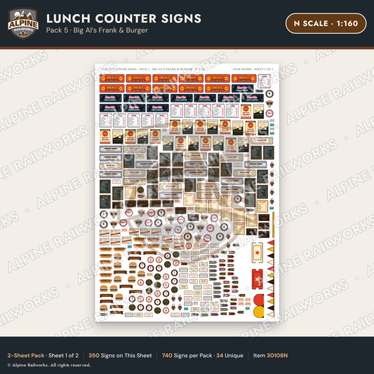 Alpine Railworks 30108N N Scale Lunch Counter Signs - Big Al's Frank