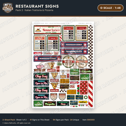 Alpine Railworks 30033O O Scale Restaurant Signs - Italian Trattoria
