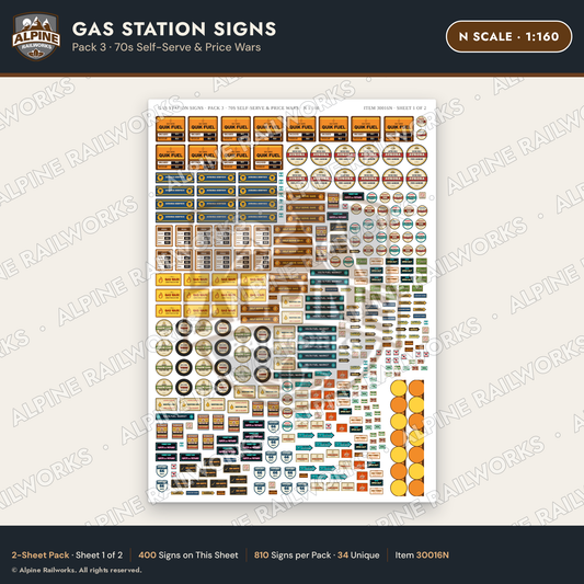 Alpine Railworks 30016N N Scale Gas Station Signs - 70s Self-Serve