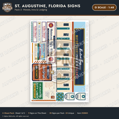 Alpine Railworks 31286O O Scale St. Augustine FL Signs - Motels & Inns