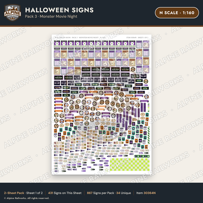 Alpine Railworks 30364N N Scale Halloween Signs - Monster Movie Night