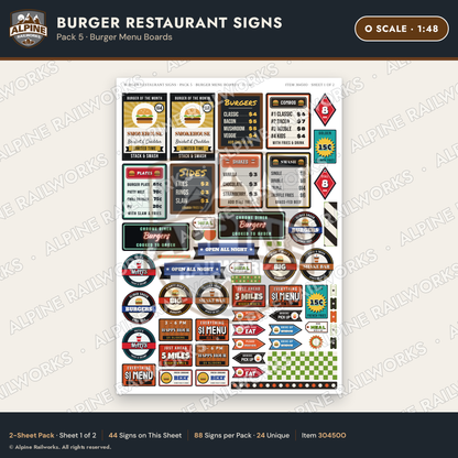 Alpine Railworks 30450O O Scale Burger Restaurant Signs