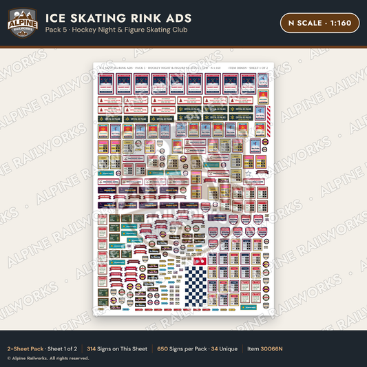 Alpine Railworks 30066N N Scale Ice Skating Rink Ads - Hockey Night