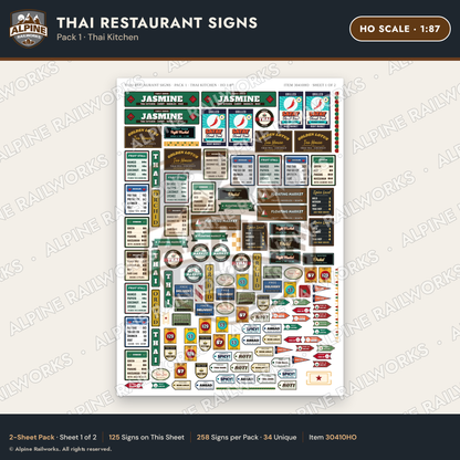 Alpine Railworks 30410HO HO Scale Thai Restaurant Signs - Thai Kitchen