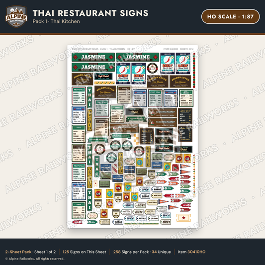 Alpine Railworks 30410HO HO Scale Thai Restaurant Signs - Thai Kitchen