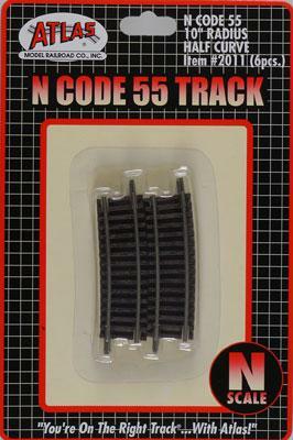 Atlas Model Railroad 2011 N Scale Code 55 Track 10" Radius Half Curve pkg(6)