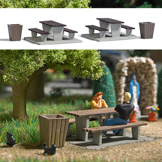Busch 7729 HO Scale Picnic Area - Tables, Benches & Bins