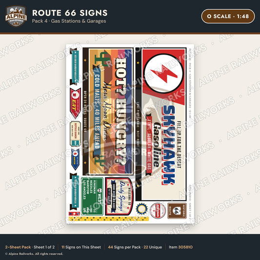 Alpine Railworks 30581O O Scale Route 66 Highway Signs - Gas Stations