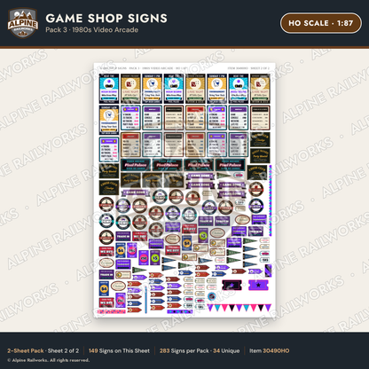 Alpine Railworks 30490HO HO Scale Game Shop Signs - 1980s Video Arcade