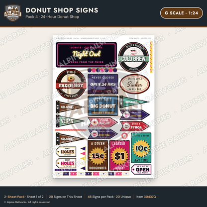 Alpine Railworks 30437G G Scale Donut Shop Signs - 24-Hour Donut Shop