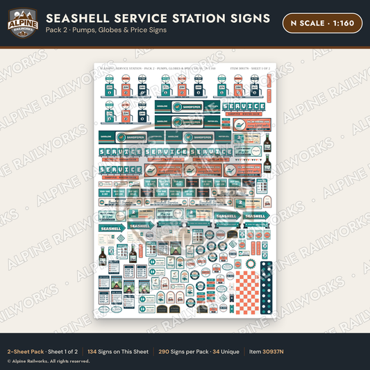 Alpine Railworks 30937N N Scale Roadside Signs - Seashell Gas Station
