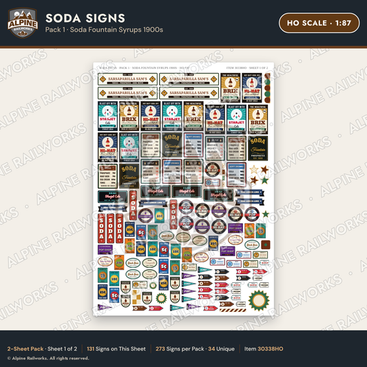 Alpine Railworks 30338HO HO Scale Soda Signs - Soda Fountain Syrups