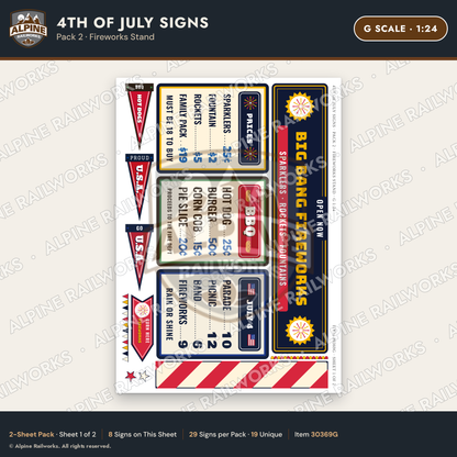 Alpine Railworks 30369G G Scale 4th of July Signs - Fireworks Stand