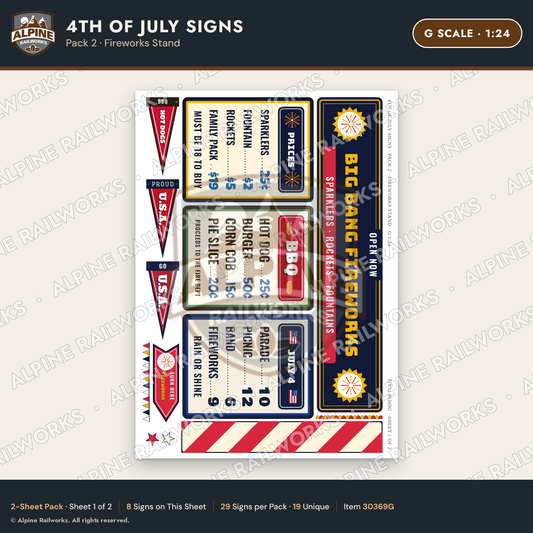 Alpine Railworks 30369G G Scale 4th of July Signs - Fireworks Stand