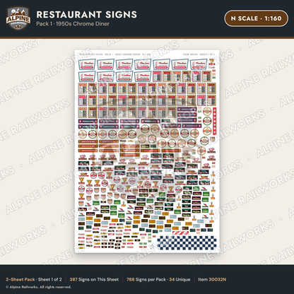 Alpine Railworks 30032N N Scale Restaurant Signs - 1950s Chrome Diner