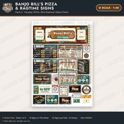 Alpine Railworks 30651O O Scale Restaurant Signs - Pizza & Music Hall