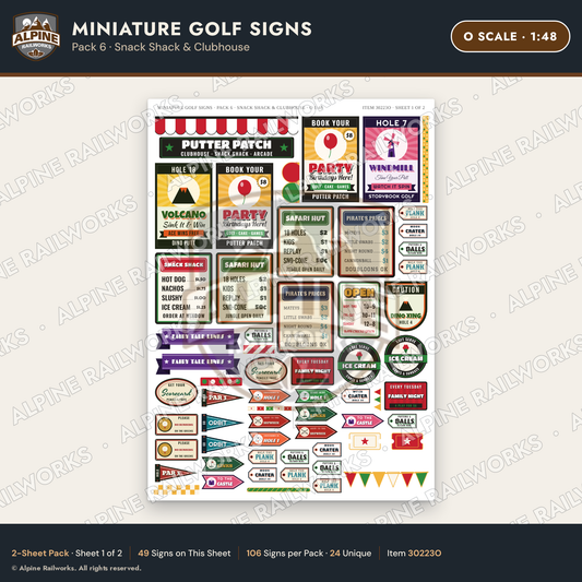 Alpine Railworks 30223O O Scale Miniature Golf Signs - Snack Shack