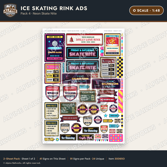 Alpine Railworks 30065O O Scale Ice Skating Rink Ads - Neon Skate Nite