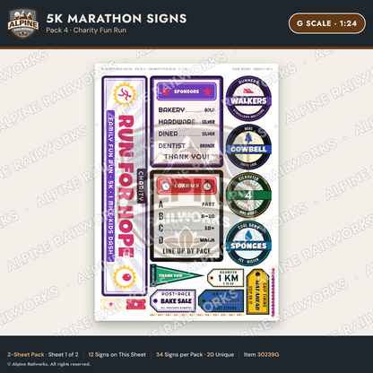 Alpine Railworks 30239G G Scale 5K Marathon Signs - Charity Fun Run