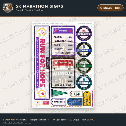 Alpine Railworks 30239G G Scale 5K Marathon Signs - Charity Fun Run