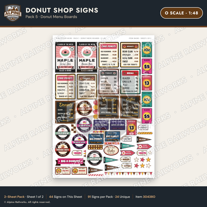 Alpine Railworks 30438O O Scale Donut Shop Signs - Donut Menu Boards