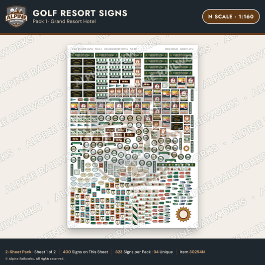 Alpine Railworks 30254N N Scale Golf Resort Signs - Grand Resort Hotel