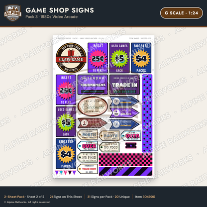Alpine Railworks 30490G G Scale Game Shop Signs - 1980s Video Arcade