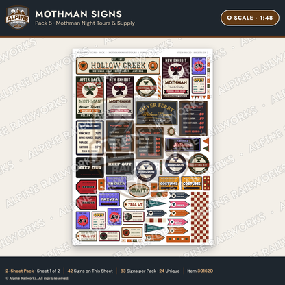 Alpine Railworks 30162O O Scale Mothman Signs - Mothman Night Tours