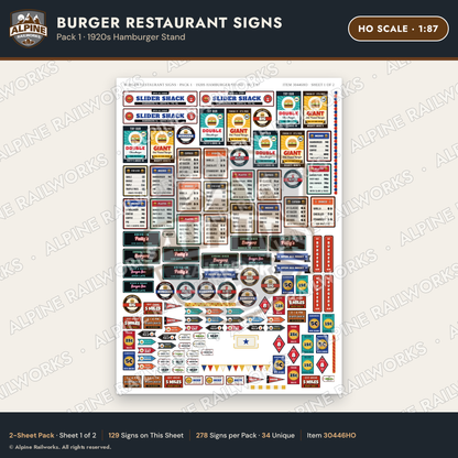 Alpine Railworks 30446HO HO Scale Burger Restaurant Signs