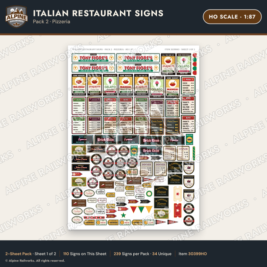 Alpine Railworks 30399HO HO Scale Italian Restaurant Signs - Pizzeria
