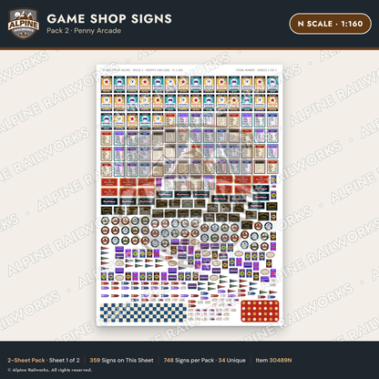 Alpine Railworks 30489N N Scale Game Shop Signs - Penny Arcade