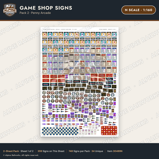 Alpine Railworks 30489N N Scale Game Shop Signs - Penny Arcade