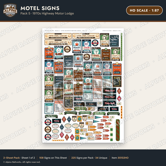 Alpine Railworks 30132HO HO Scale Motel Signs - Highway Motor Lodge