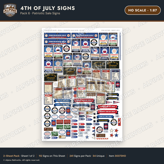 Alpine Railworks 30373HO HO Scale 4th of July Signs - Patriotic Sale