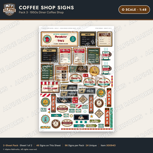 Alpine Railworks 30094O O Scale Coffee Shop Signs - Diner Coffee Shop