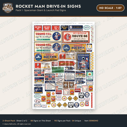 Alpine Railworks 30960HO HO Scale Roadside Signs - Spaceman Drive-In