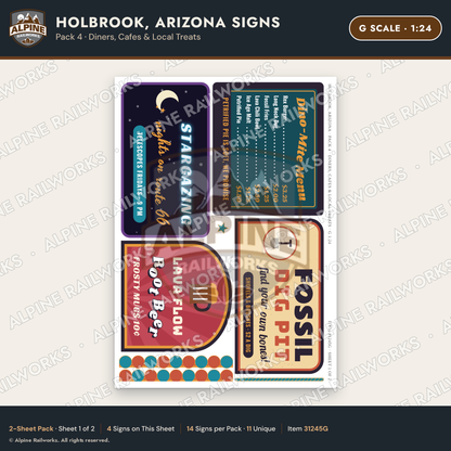 Alpine Railworks 31245G G Scale Holbrook AZ Signs - Diners & Cafes