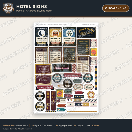 Alpine Railworks 30123O O Scale Hotel Signs - Art Deco Skyline Hotel