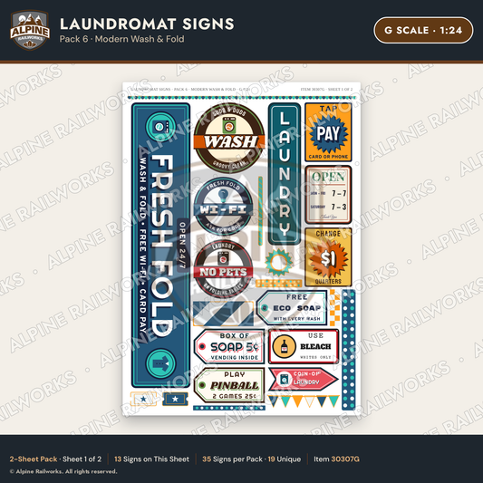 Alpine Railworks 30307G G Scale Laundromat Signs - Modern Wash & Fold