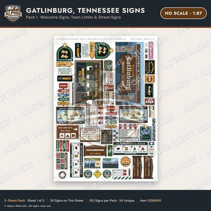 Alpine Railworks 31266HO HO Scale Gatlinburg TN Signs - Welcome Signs