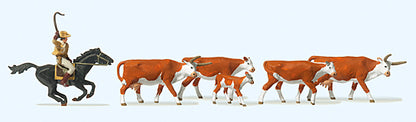 Preiser 10159 HO Scale Riding Cowboy and 5 Longhorn Cattle