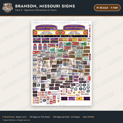 Alpine Railworks 31342N N Scale Branson MO Signs - Attractions & Tours