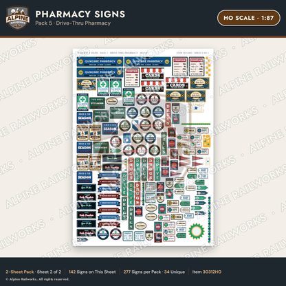 Alpine Railworks 30312HO HO Scale Pharmacy Signs - Drive-Thru Pharmacy