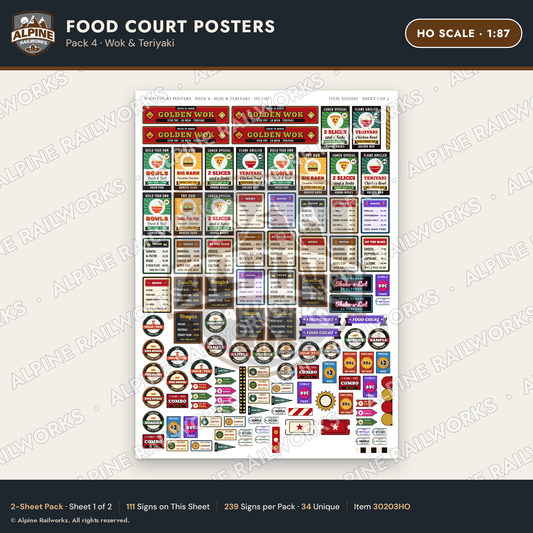Alpine Railworks 30203HO HO Scale Food Court Posters - Wok & Teriyaki