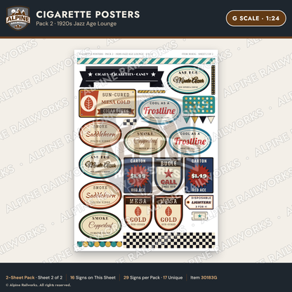 Alpine Railworks 30183G G Scale Cigarette Posters - Jazz Age Lounge
