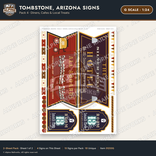 Alpine Railworks 31233G G Scale Tombstone AZ Signs - Diners & Cafes