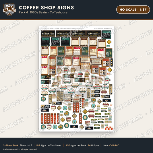 Alpine Railworks 30095HO HO Scale Coffee Shop Signs