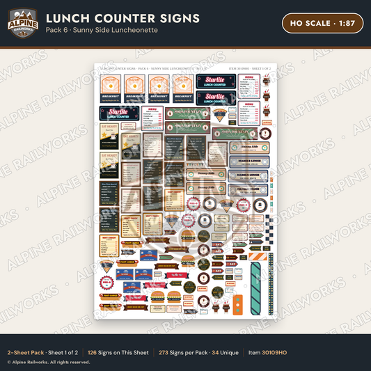 Alpine Railworks 30109HO HO Scale Lunch Counter Signs