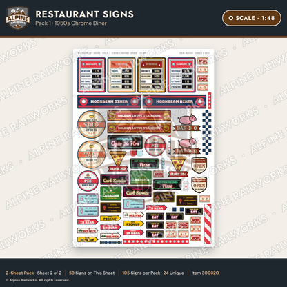 Alpine Railworks 30032O O Scale Restaurant Signs - 1950s Chrome Diner